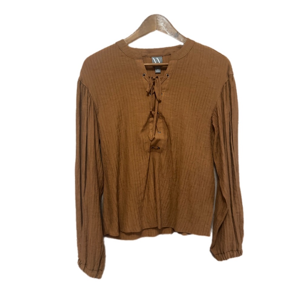 Worthington Lace Up Blouse Womens XS Brown Excellent Textured Long‎ Sleeve Top